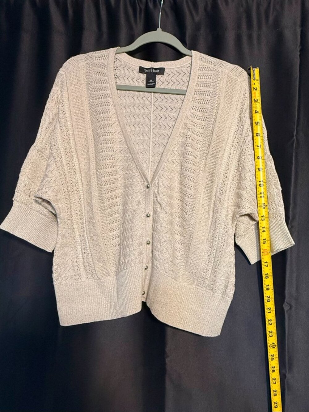 White House Black Market XL Metallic Shimmer Open Knit Cardigan Sweater Beige - Picture 7 of 7